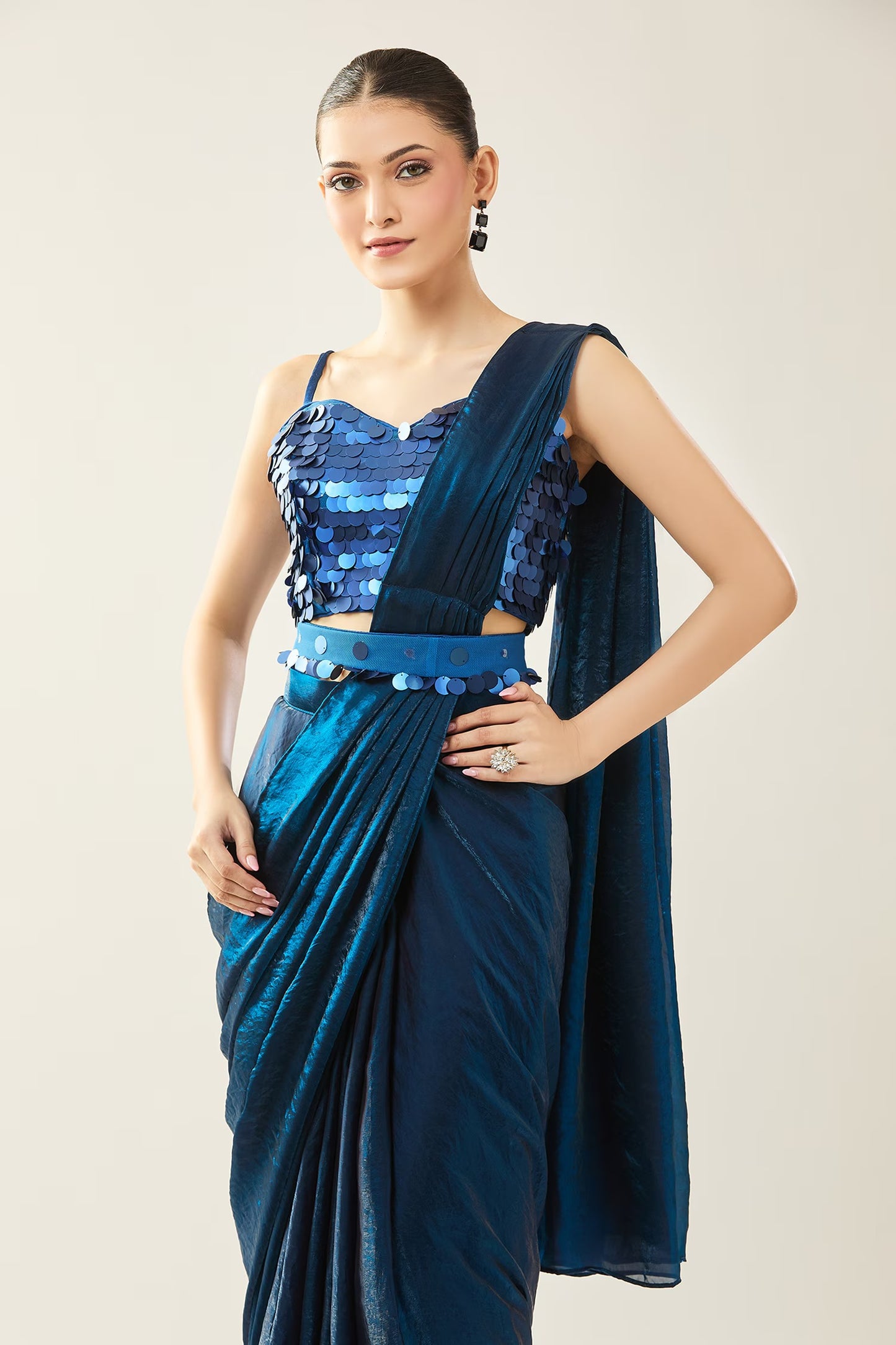 Designer Wear Blue Pre-Draped Saree Set