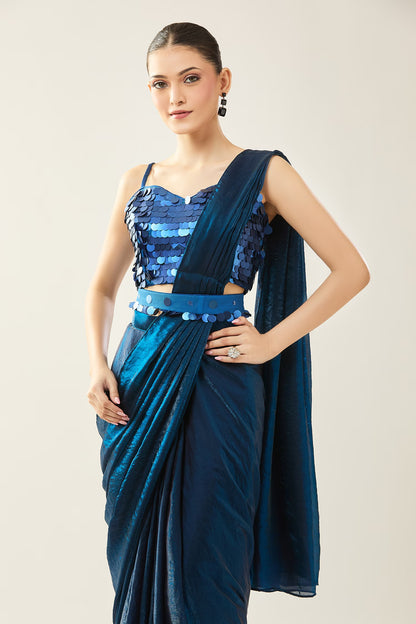 Designer Wear Blue Pre-Draped Saree Set