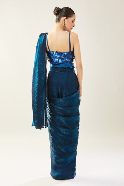 Designer Wear Blue Pre-Draped Saree Set