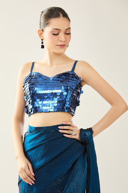 Designer Wear Blue Pre-Draped Saree Set