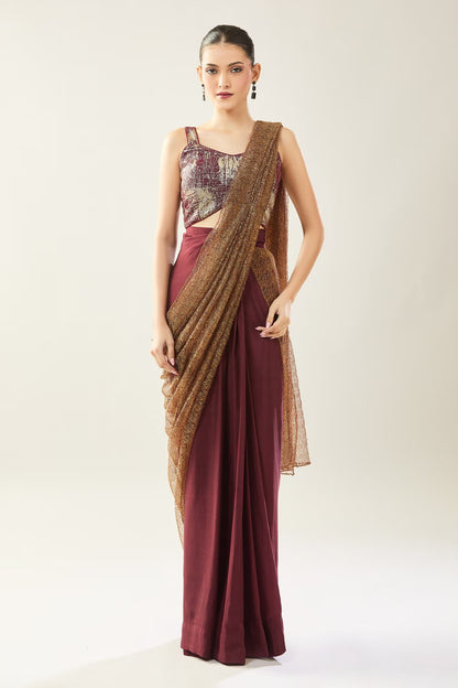 Designer Wear Tissue Net Chinon Pre-Draped Saree Set