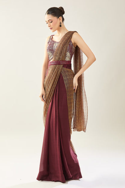 Designer Wear Tissue Net Chinon Pre-Draped Saree Set