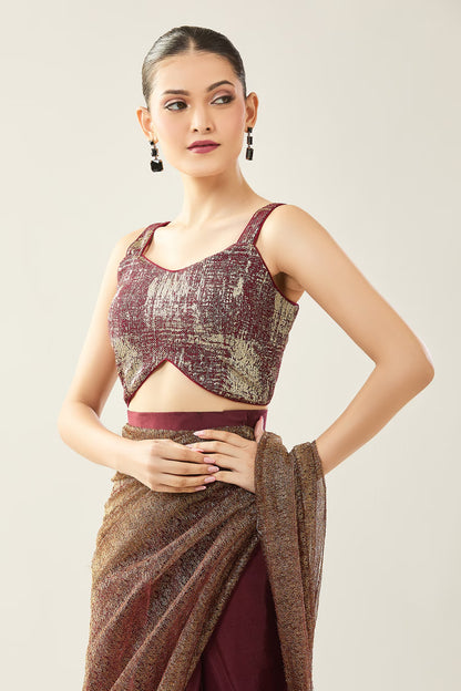 Designer Wear Tissue Net Chinon Pre-Draped Saree Set