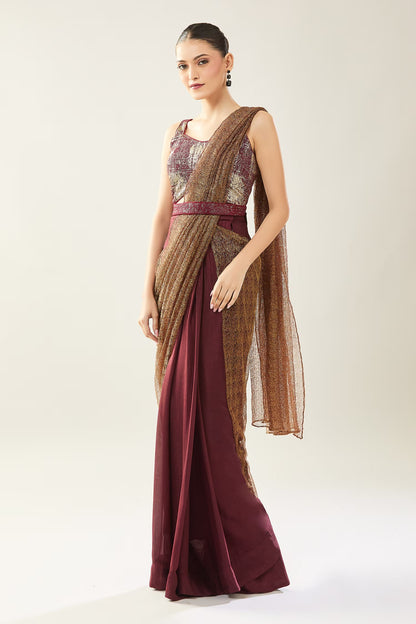 Designer Wear Tissue Net Chinon Pre-Draped Saree Set