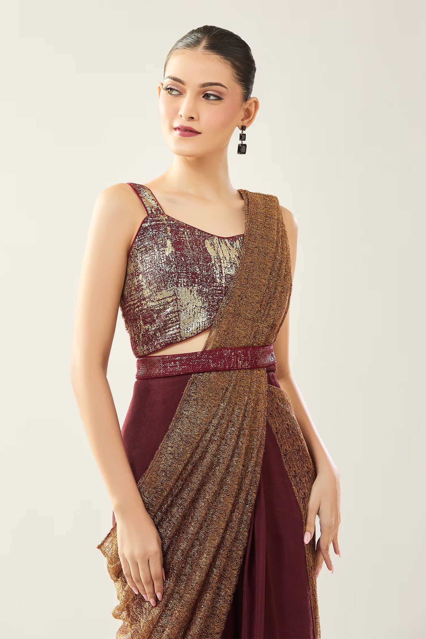 Designer Wear Tissue Net Chinon Pre-Draped Saree Set