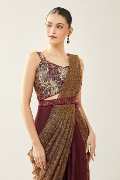 Designer Wear Tissue Net Chinon Pre-Draped Saree Set