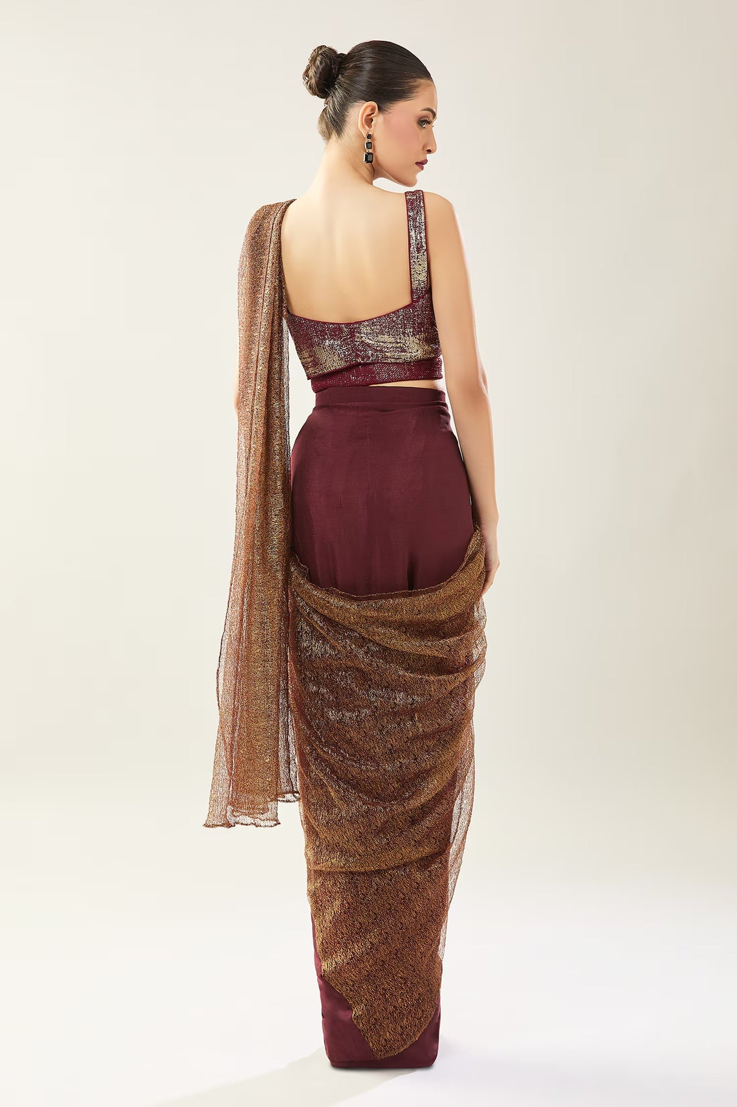 Designer Wear Tissue Net Chinon Pre-Draped Saree Set