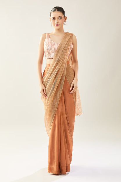 Designer Wear Brown Pre-Draped Saree Set