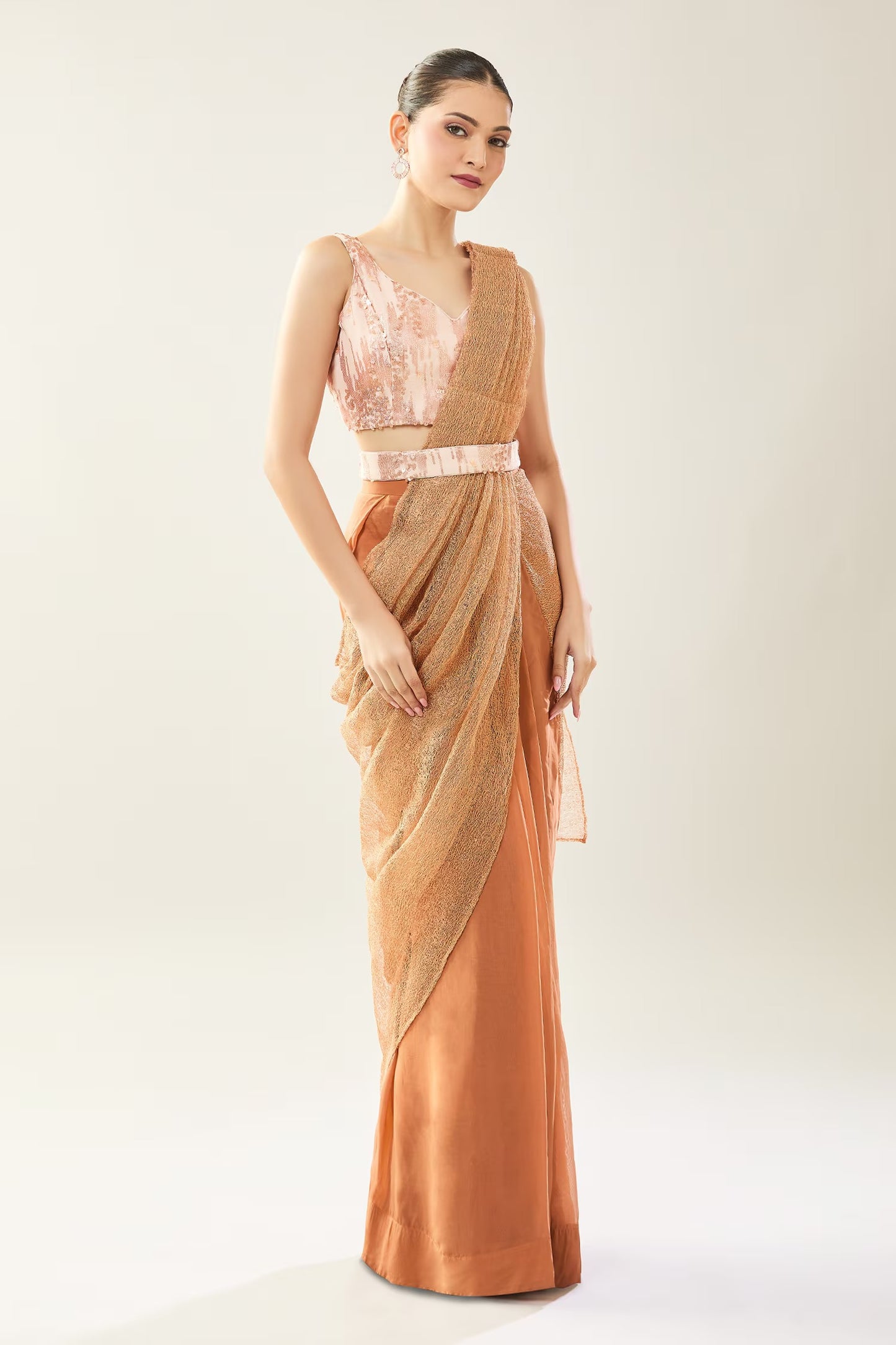 Designer Wear Brown Pre-Draped Saree Set