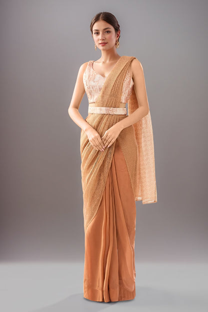 Designer Wear Brown Pre-Draped Saree Set