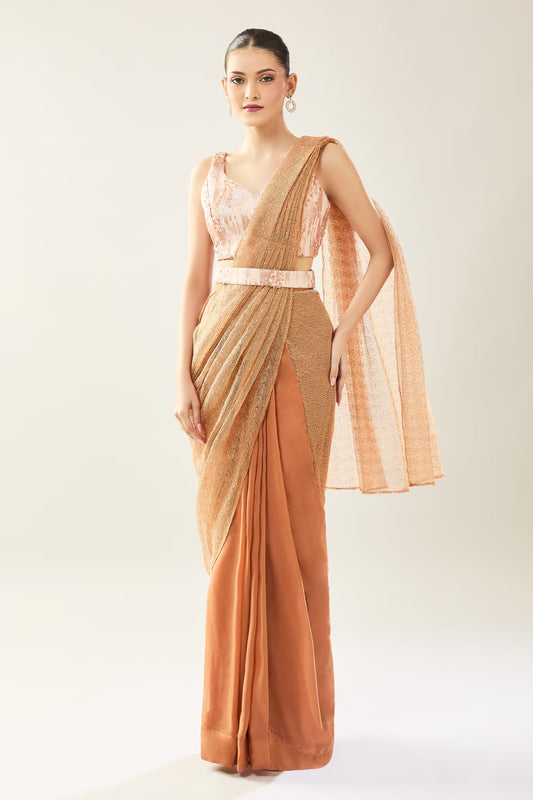 Designer Wear Brown Pre-Draped Saree Set