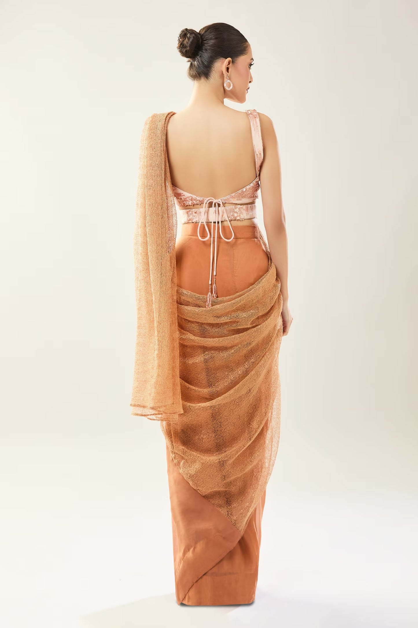 Designer Wear Brown Pre-Draped Saree Set