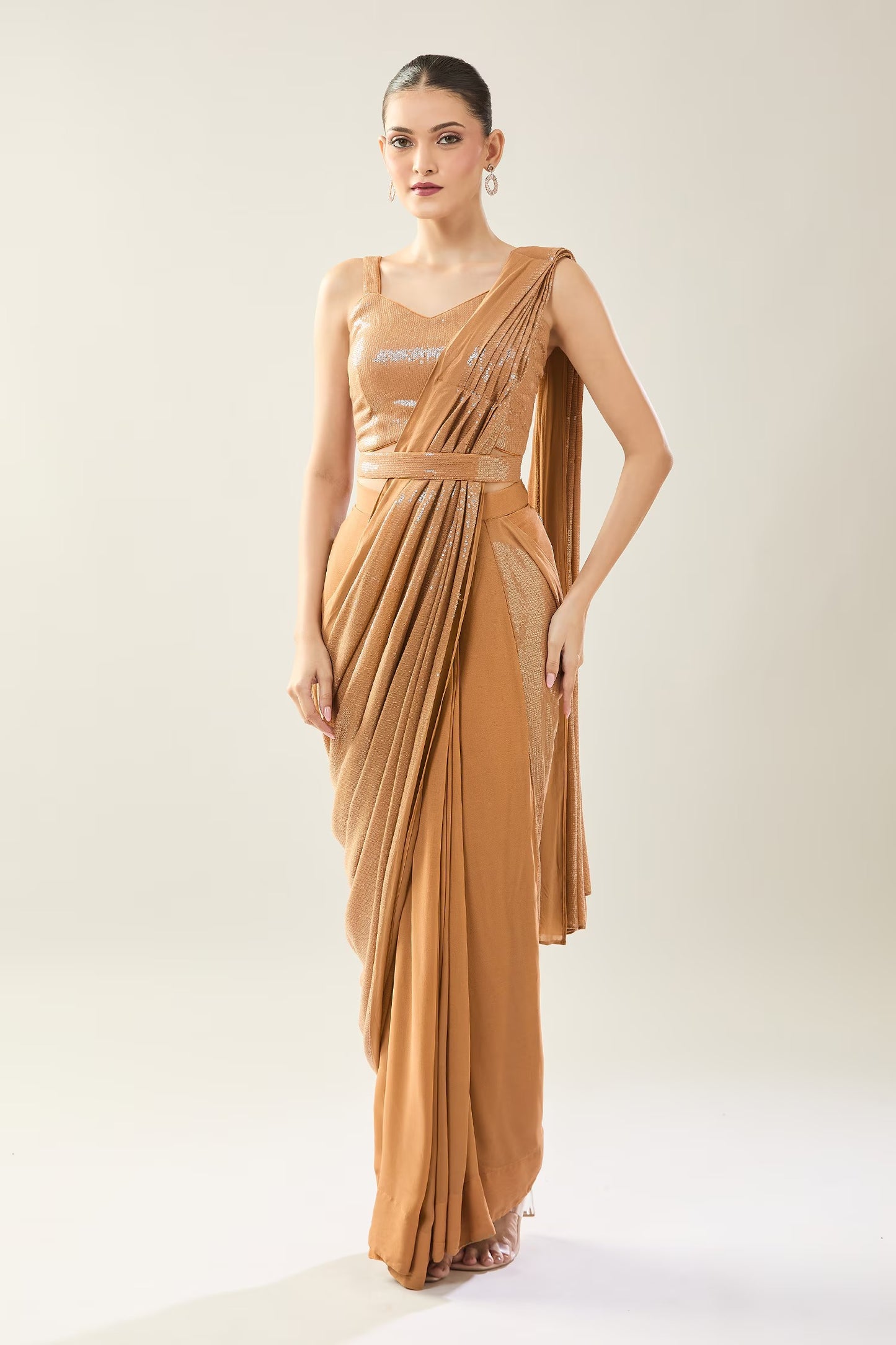 Designer Wear Brown Pre-Draped Saree Set