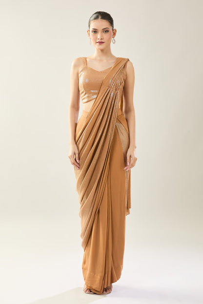 Designer Wear Brown Pre-Draped Saree Set