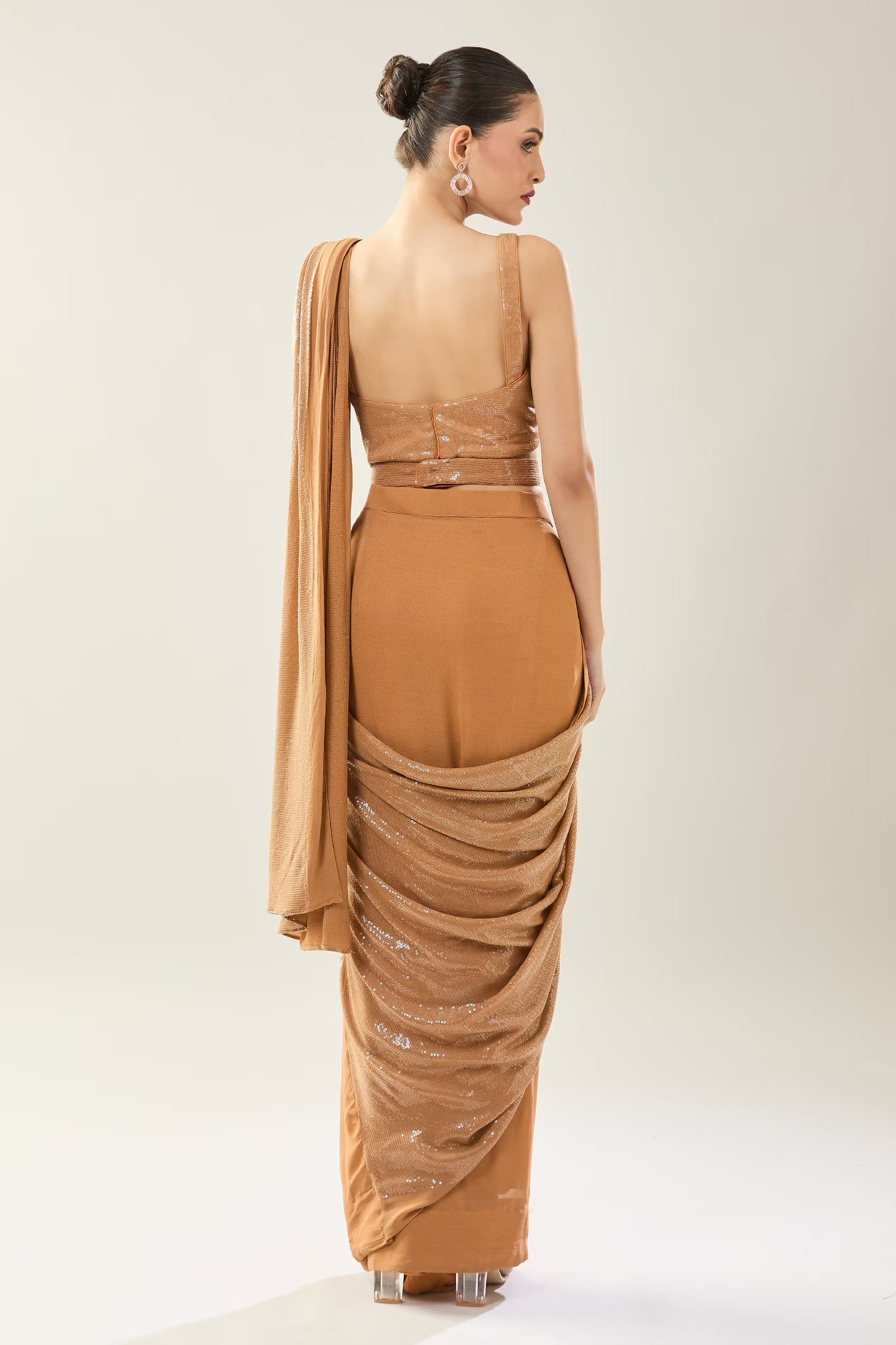Designer Wear Brown Pre-Draped Saree Set