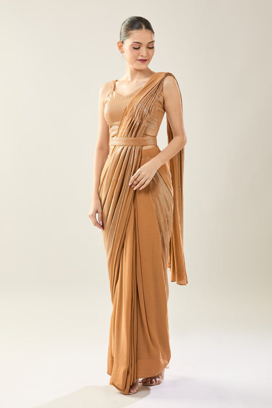 Designer Wear Brown Pre-Draped Saree Set