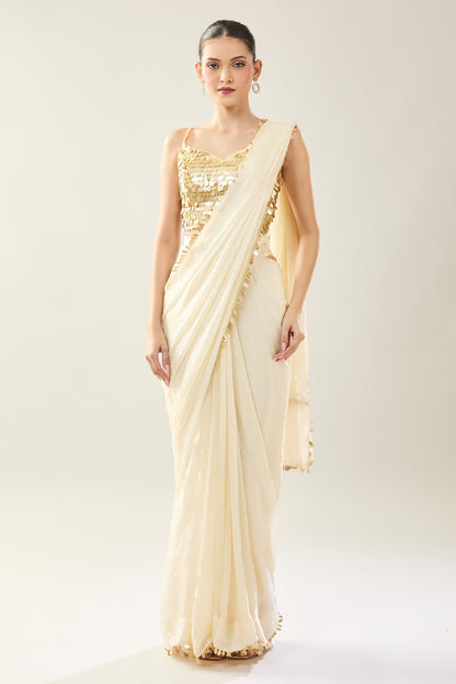 Designer Wear Off White Pre-Draped Saree Set