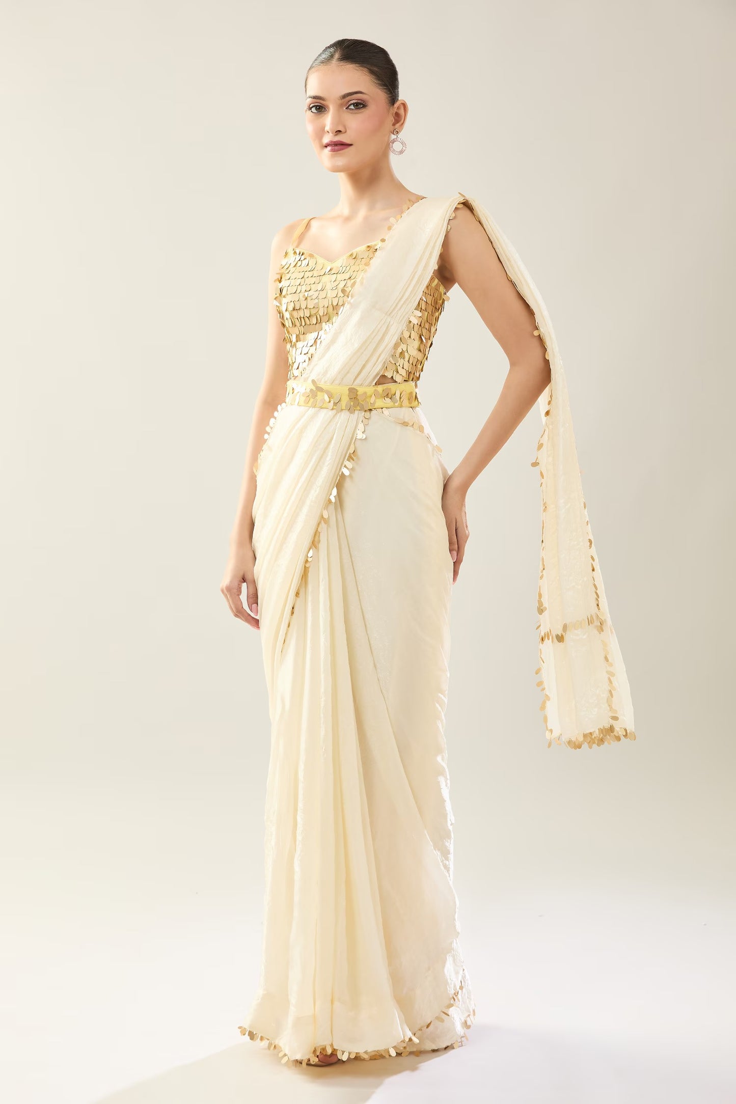 Designer Wear Off White Pre-Draped Saree Set
