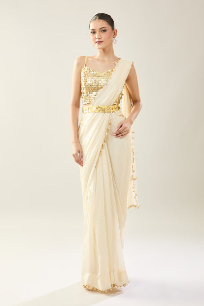 Designer Wear Off White Pre-Draped Saree Set