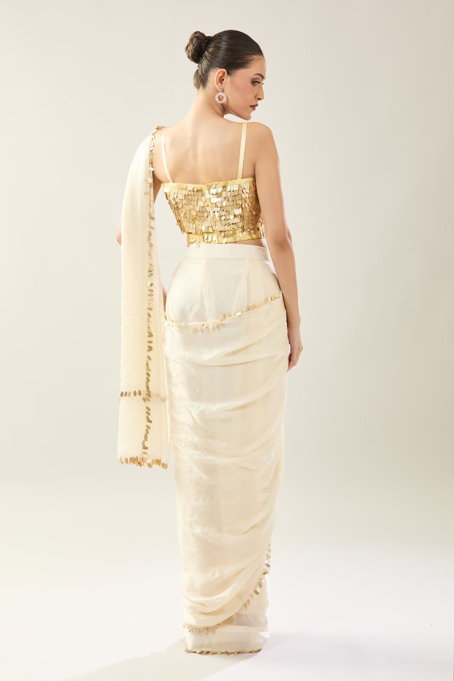 Designer Wear Off White Pre-Draped Saree Set