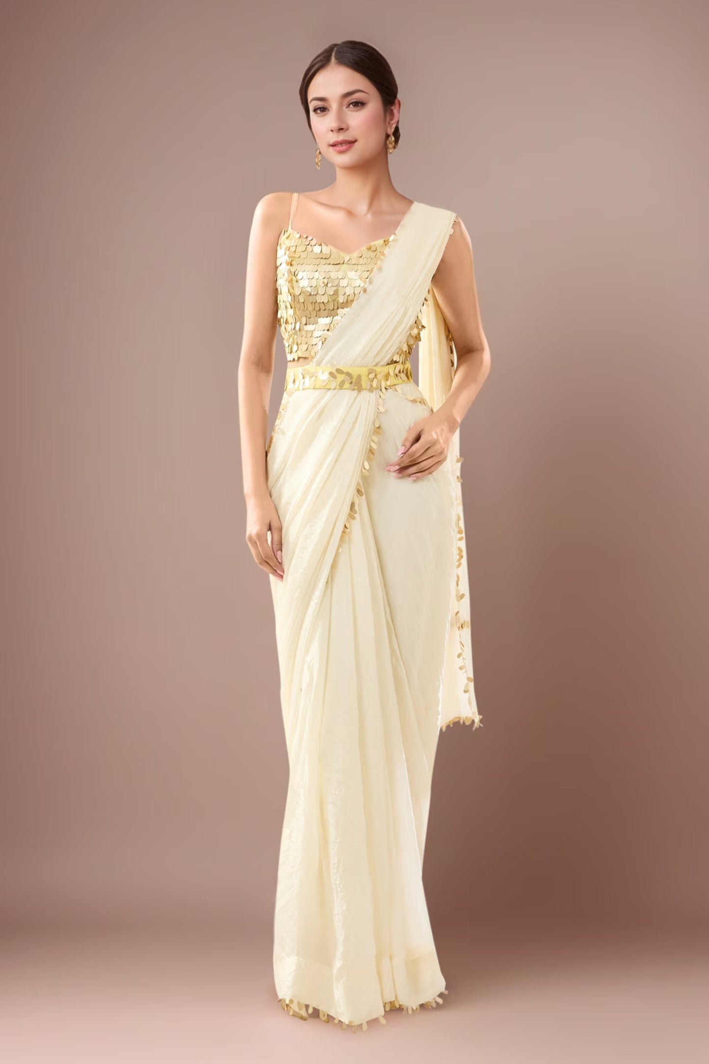 Designer Wear Off White Pre-Draped Saree Set