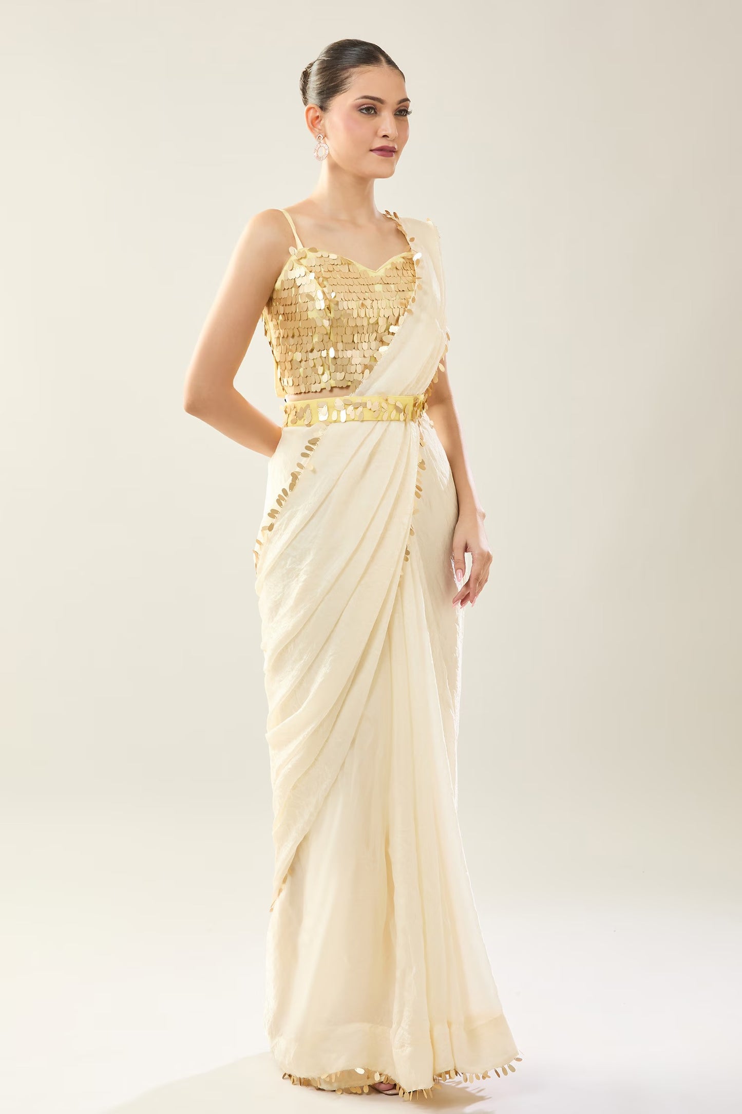 Designer Wear Off White Pre-Draped Saree Set