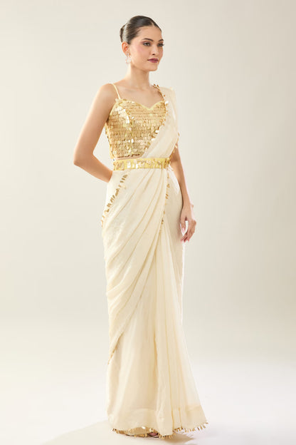 Designer Wear Off White Pre-Draped Saree Set