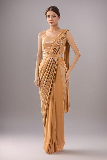 Designer Wear Brown Pre-Draped Saree Set