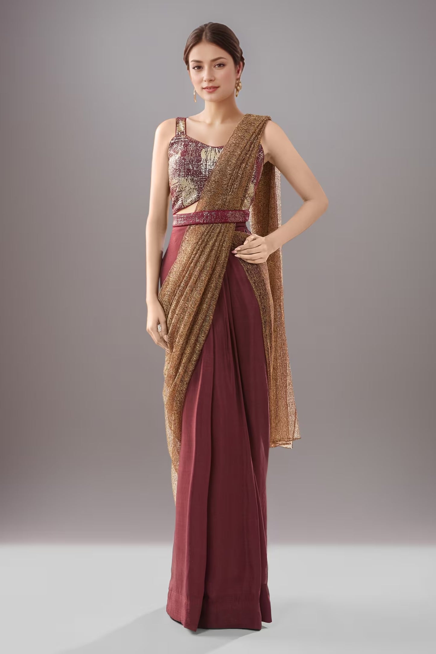 Designer Wear Tissue Net Chinon Pre-Draped Saree Set