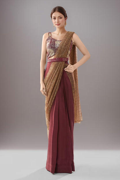 Designer Wear Tissue Net Chinon Pre-Draped Saree Set