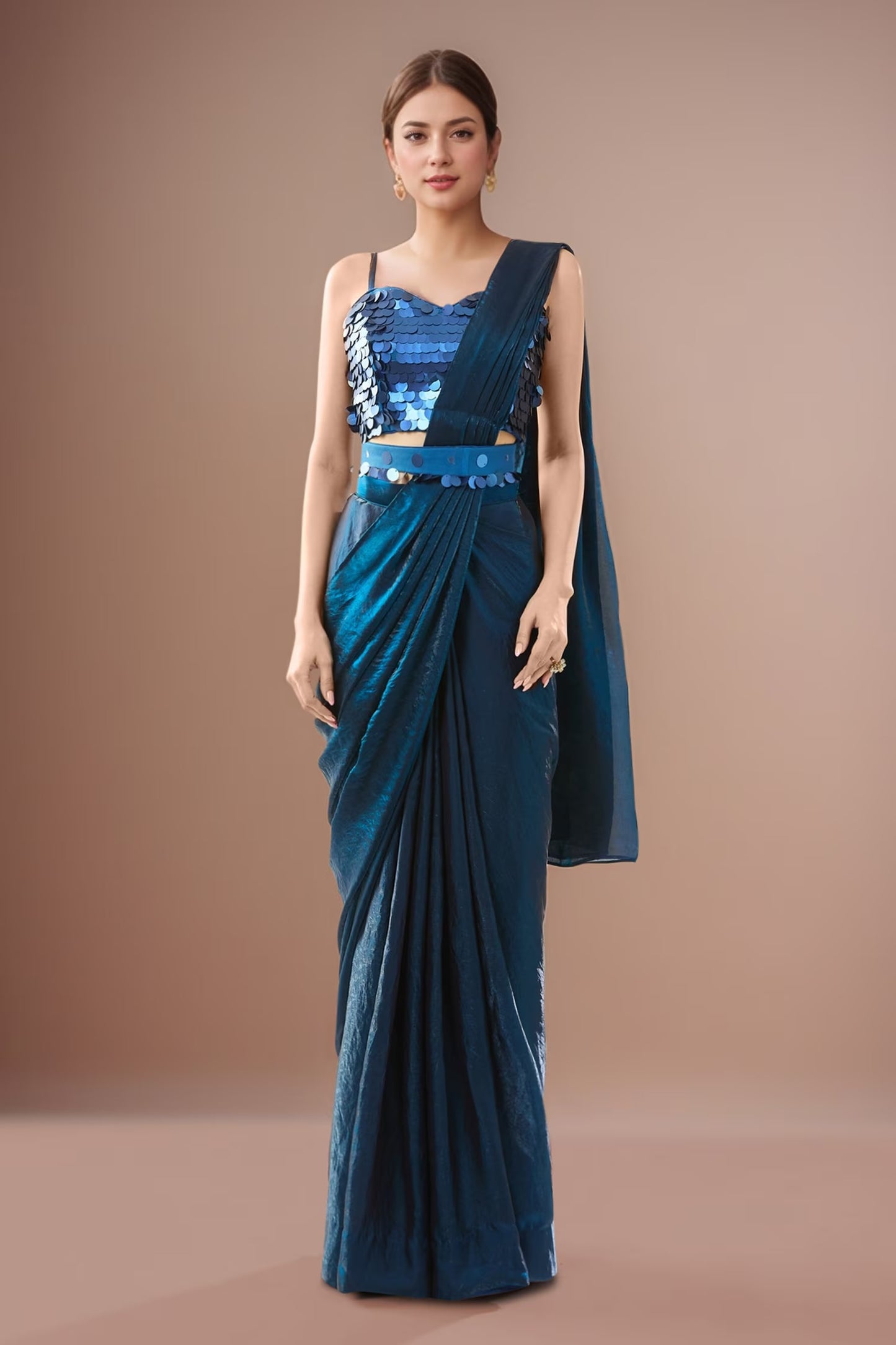 Designer Wear Blue Pre-Draped Saree Set