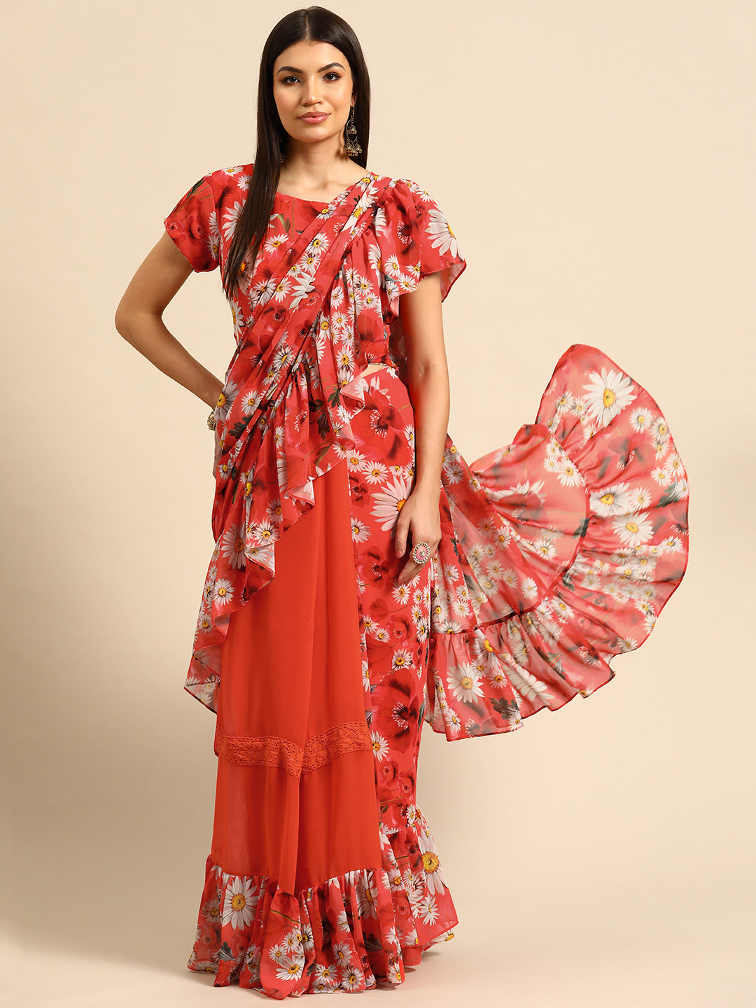 Designer Red Chiffon Saree