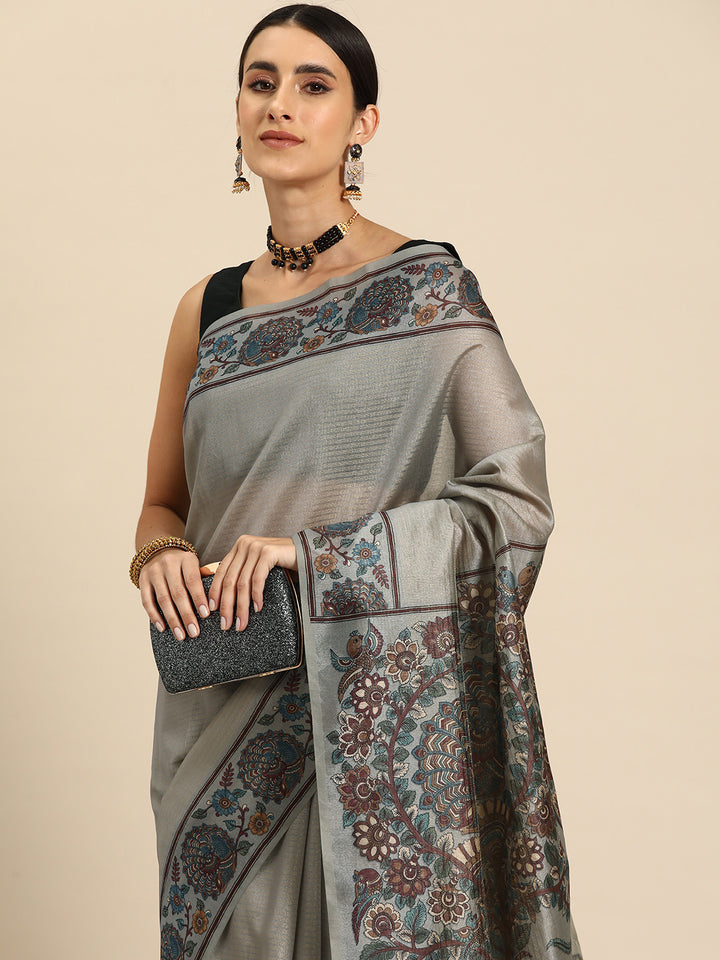 Designer Grey Silk Saree