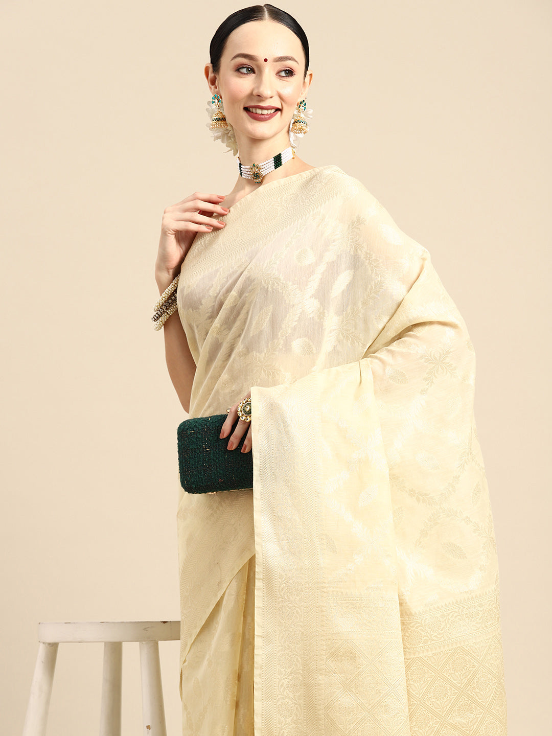 Designer Off-White Linen Blend Saree