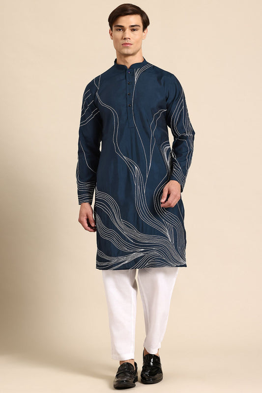 Designer Long Kurta In Navy Blue