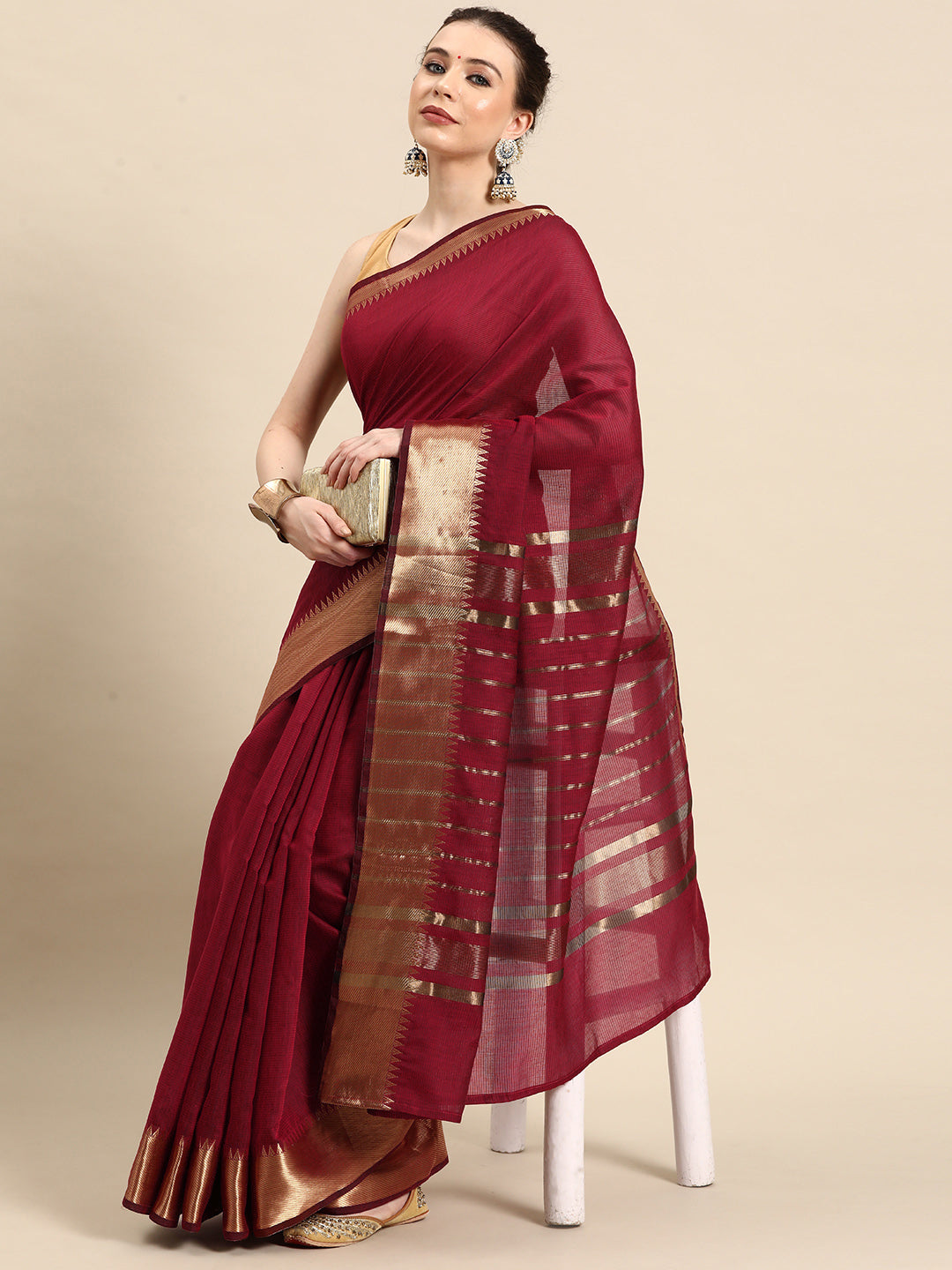 Designer Red Cotton Blend Saree