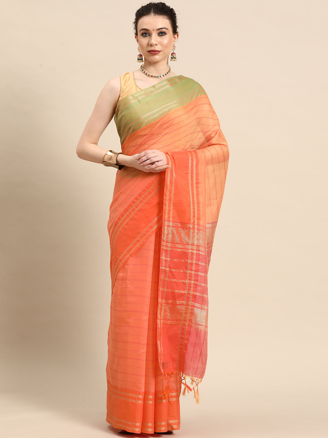 Designer Orange Linen Blend Saree