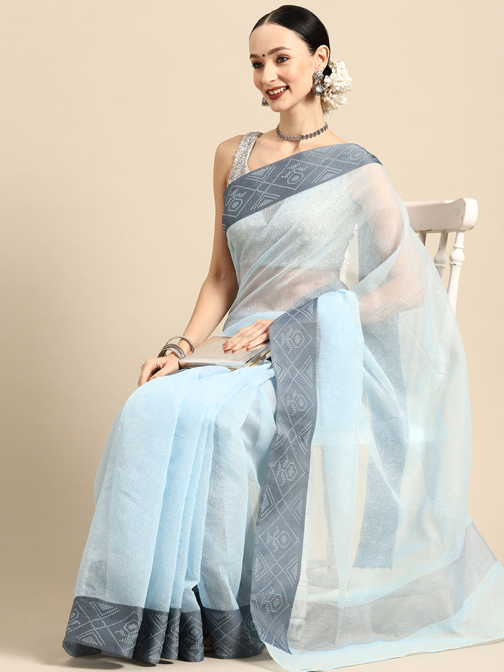 Designer Blue Linen Blend Saree