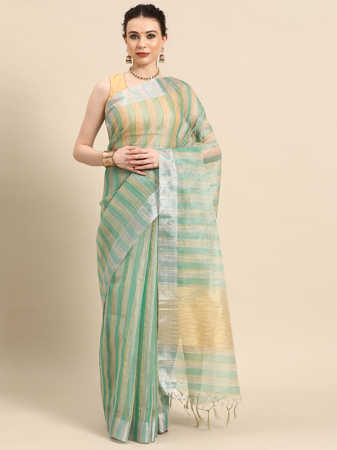 Designer Green Linen Blend Saree