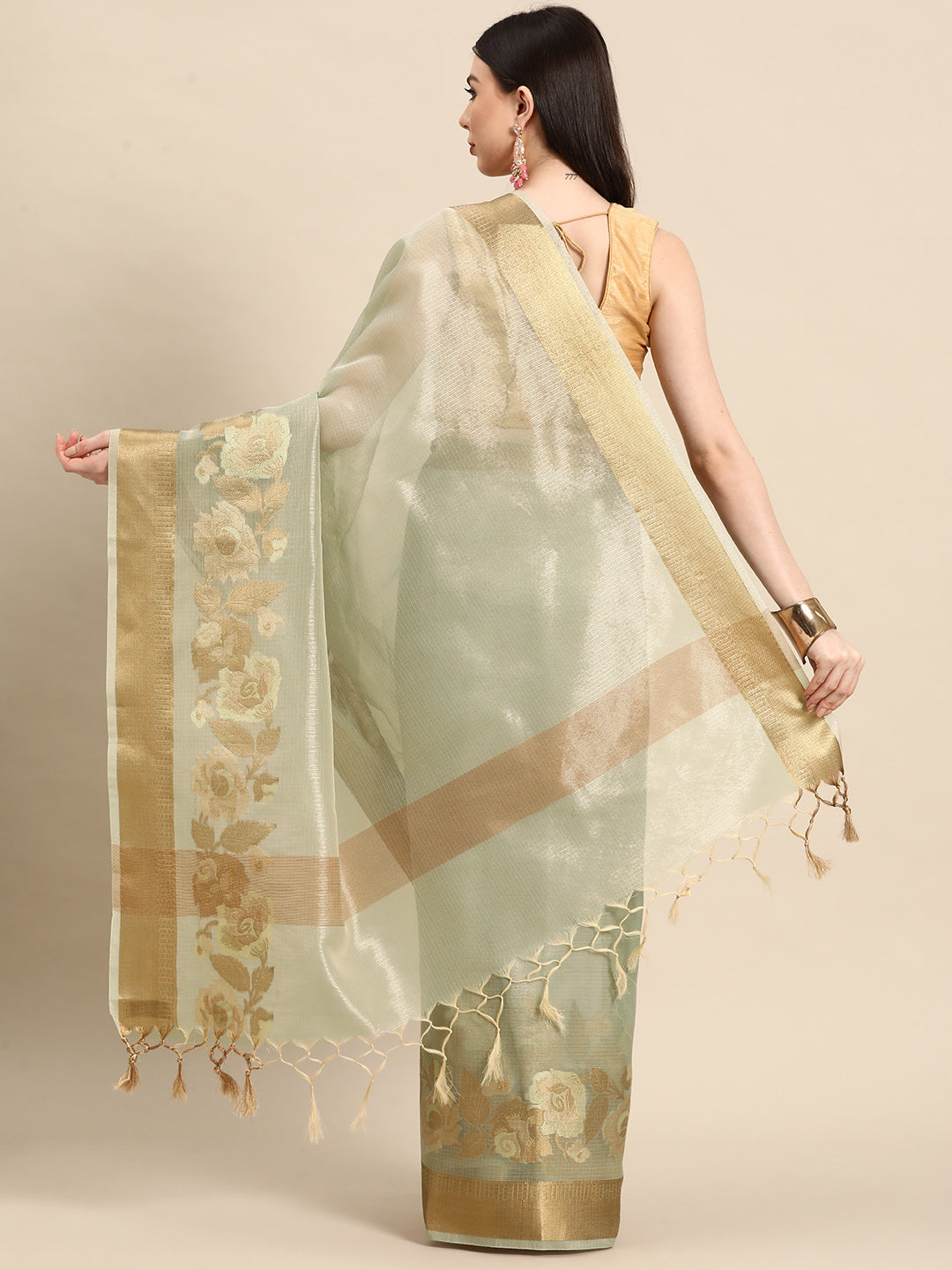 Designer Green Linen Blend Saree