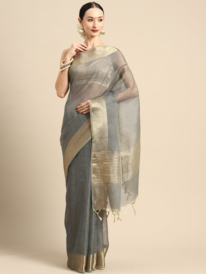 Designer Grey Linen Blend Saree