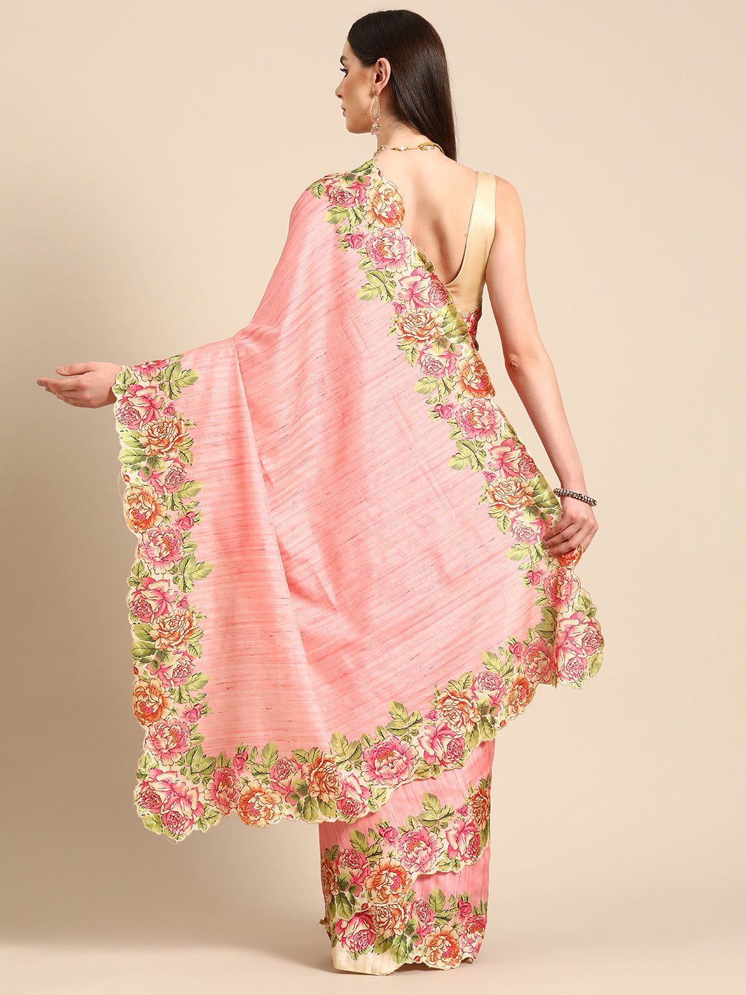 Designer Pink Linen Blend Saree
