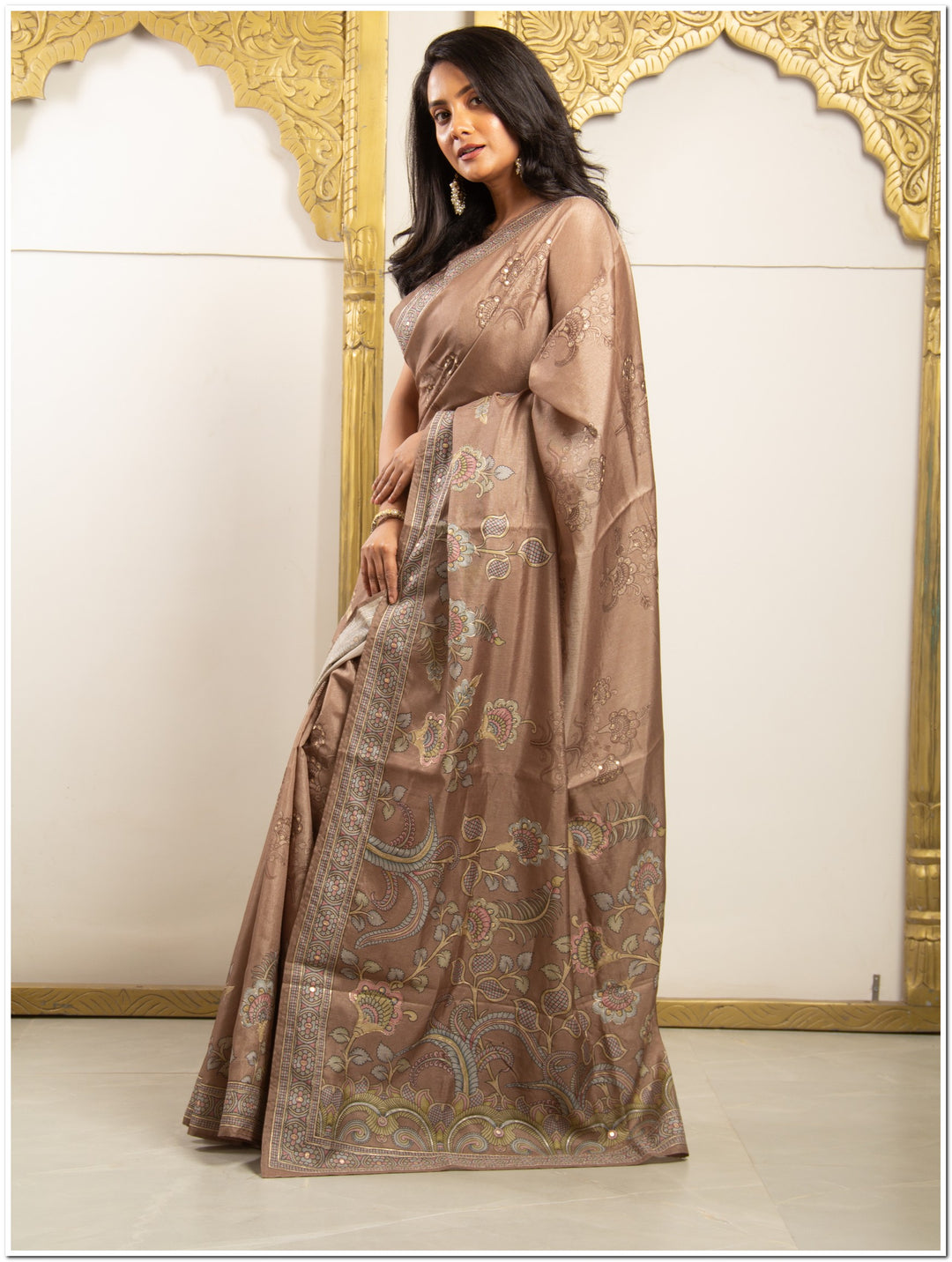 Brown Color Tassar Saree  With  Blouse Piece.