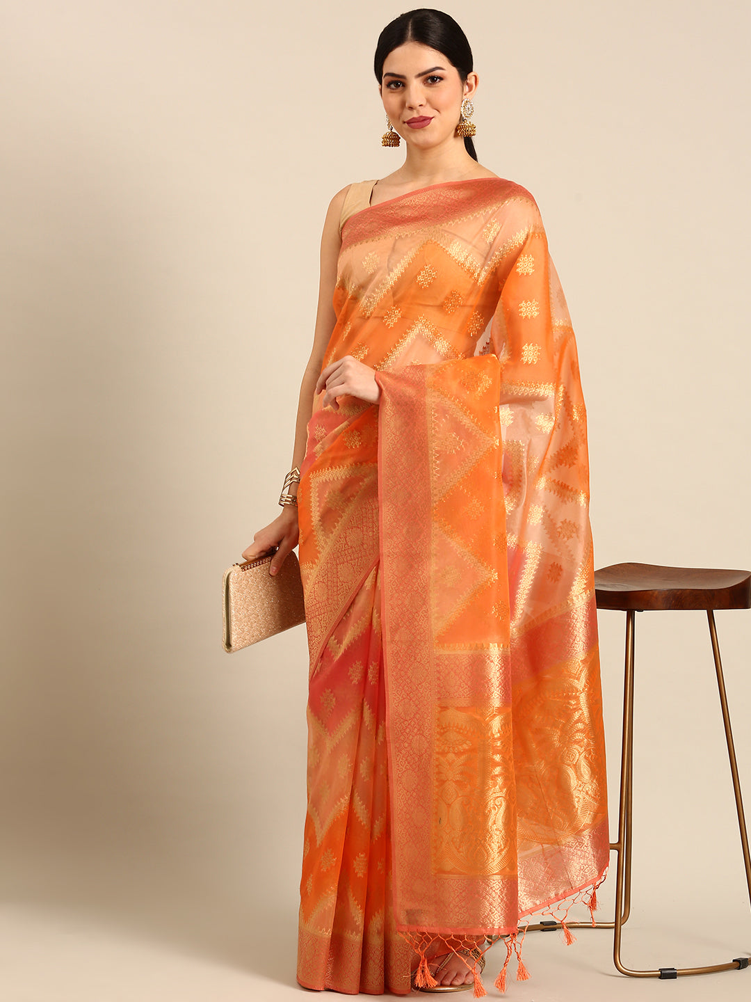 Designer Orange Silk Saree