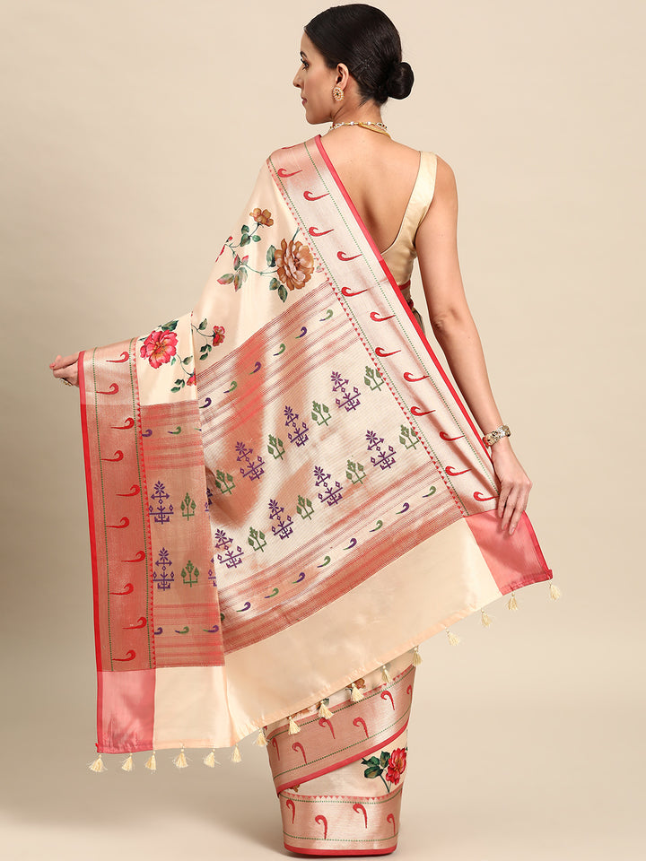 Designer Cream Silk Saree