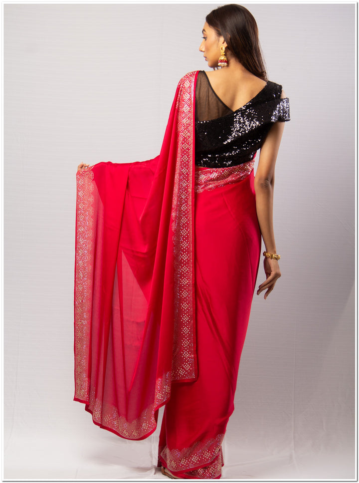 Red Santoon Saree With Sequence Blouse Piece.