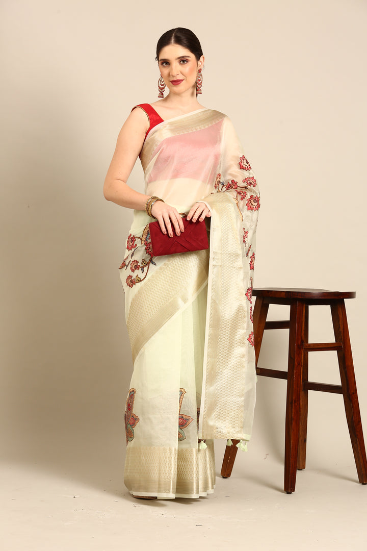 Designer Cream Silk Saree