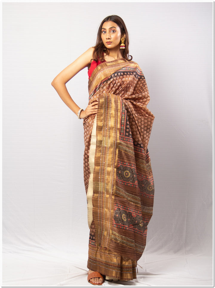 Brown Color Tassar Saree With  Blouse Piece.