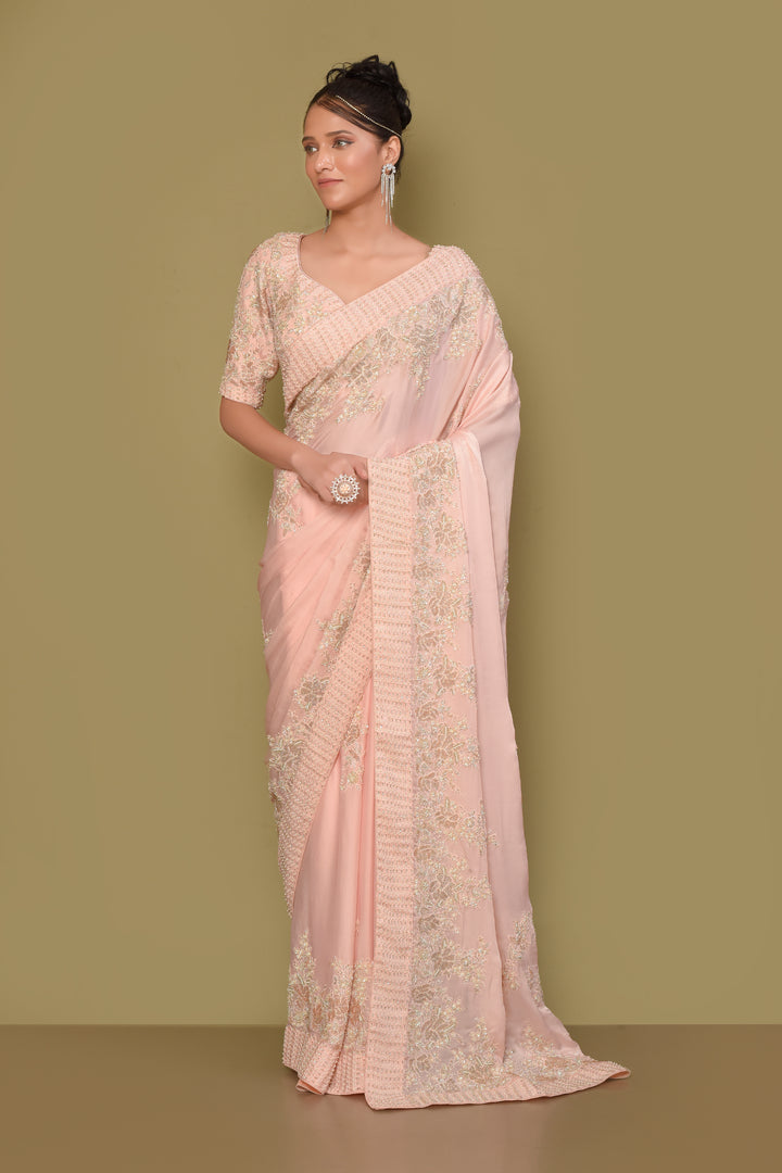 Designer Pink Satin Saree