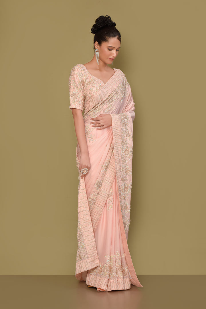 Designer Pink Satin Saree